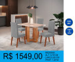 MESA SALA MISS COM 4 CADEIRAS MILAO TAMPO DE VIDRO OFF WHITE CANTO RETO VIERO MEL / BLOND LINHO INOX<br />
 <br />
R$1.549,00